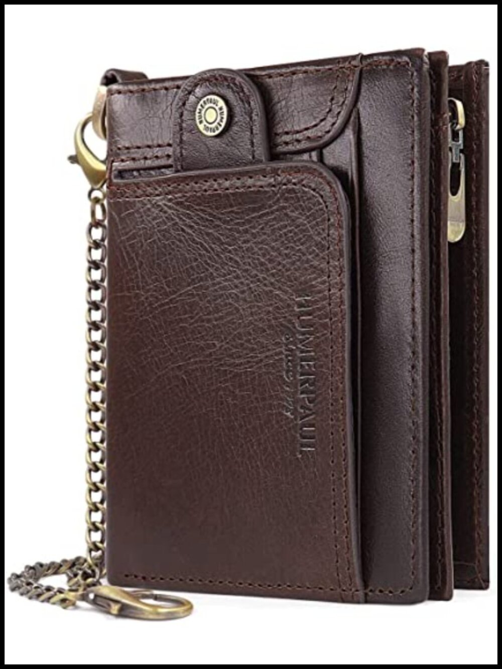 Genuine Leather Bifold Wallet with Detachable Chain RFID Blocking